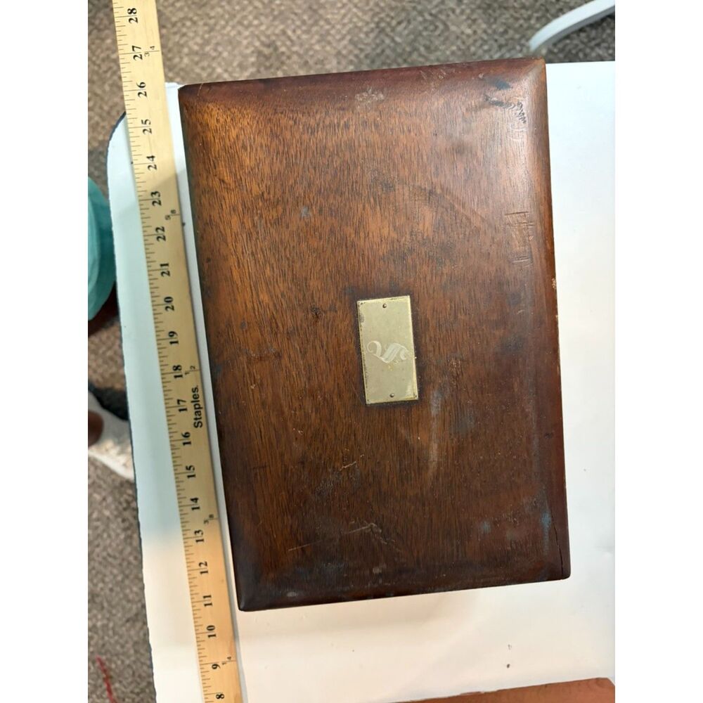 antique wood writing box with brass nameplate inlay "S"